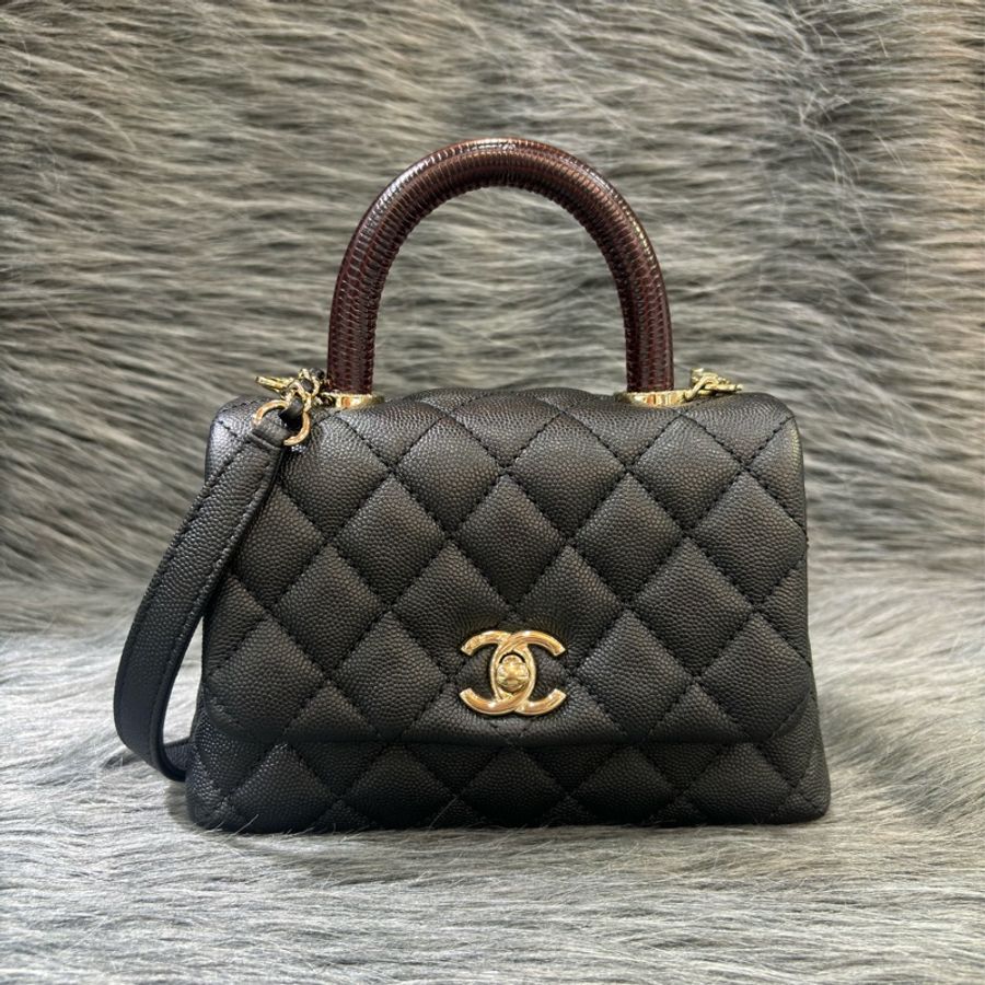CHANEL AS2215 MINI HANDLE COCO 20 黑色荔枝皮 蜥蜴皮壓紋提把 金鍊 肩背包 手提包 斜背包-0