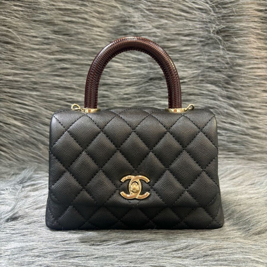 CHANEL AS2215 MINI HANDLE COCO 20 黑色荔枝皮 蜥蜴皮壓紋提把 金鍊 肩背包 手提包 斜背包-1