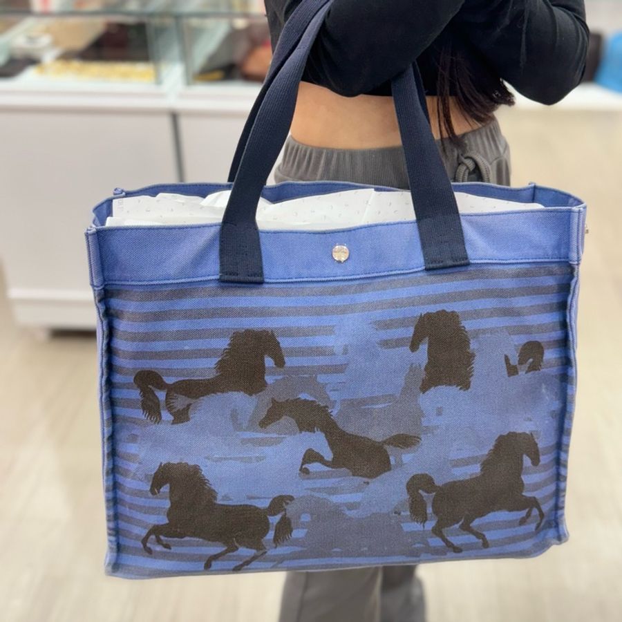 Hermès Cavalcadour Étriers 藍色馬圖帆布托特包-2