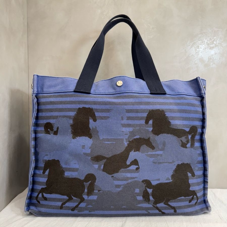 Hermès Cavalcadour Étriers 藍色馬圖帆布托特包-5