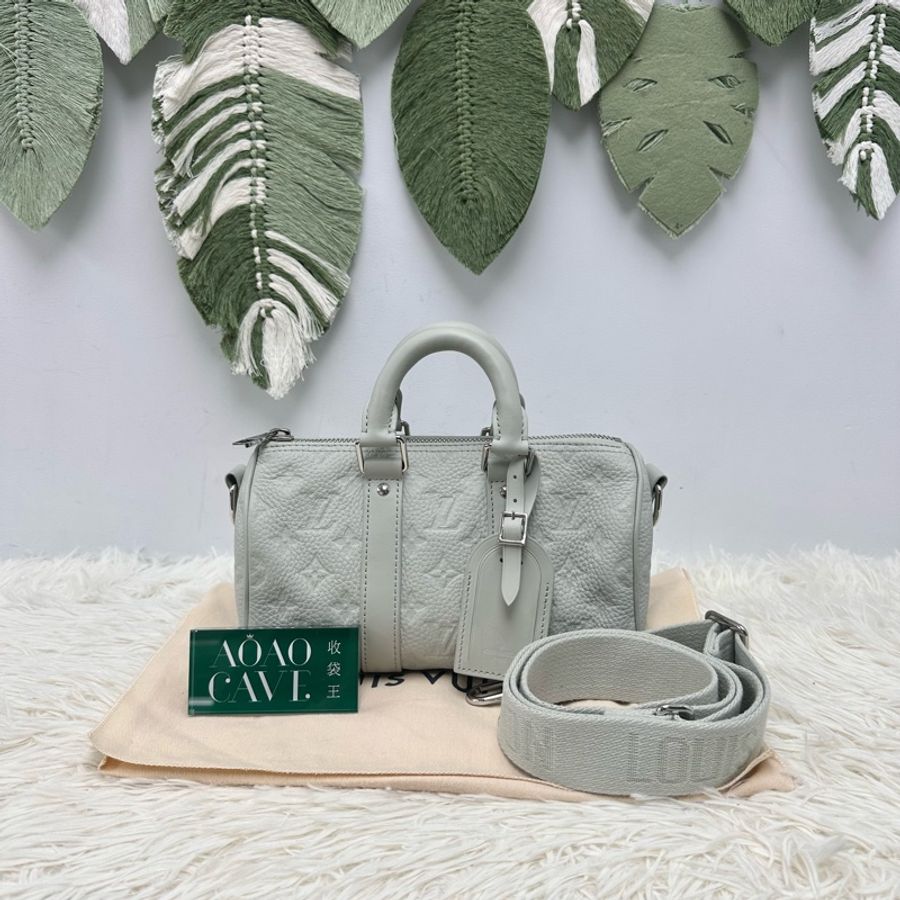 LV 灰綠色真皮壓紋 KeepAll 25 手提斜肩包 晶片款-0