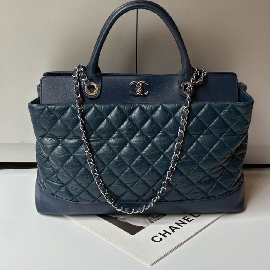 Chanel 銀鍊藍色皮革菱格兩用tote 大包-0