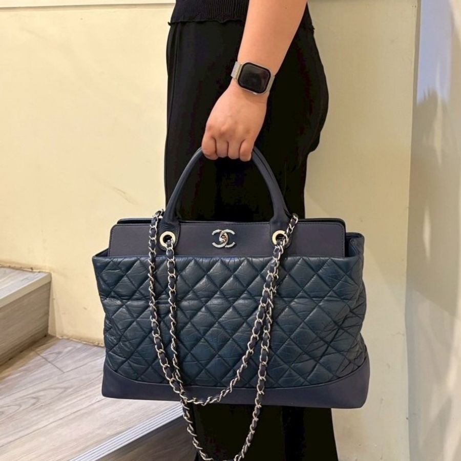 Chanel 銀鍊藍色皮革菱格兩用tote 大包-1