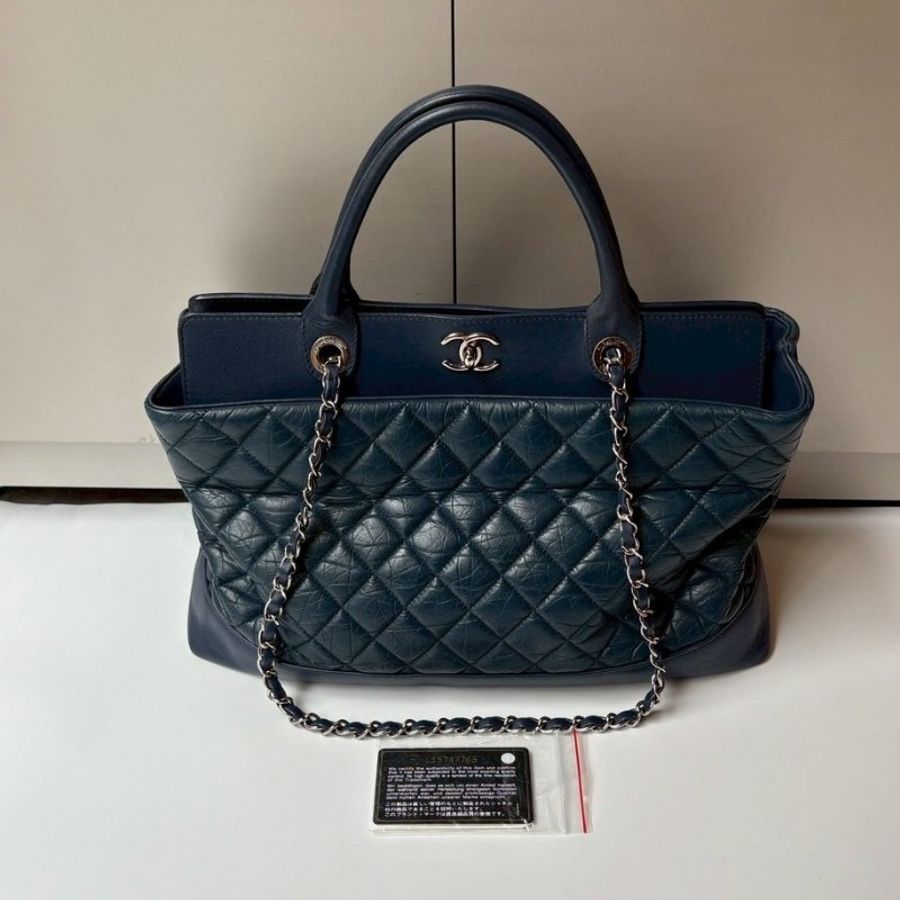 Chanel 銀鍊藍色皮革菱格兩用tote 大包-3