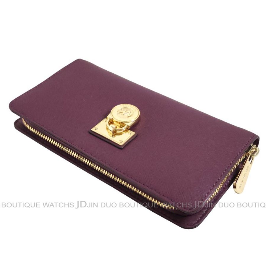 金鐸精品~2462 MICHAEL KORS MK 莓紅色防刮皮紋金鎖頭拉鍊長夾 全新品-4