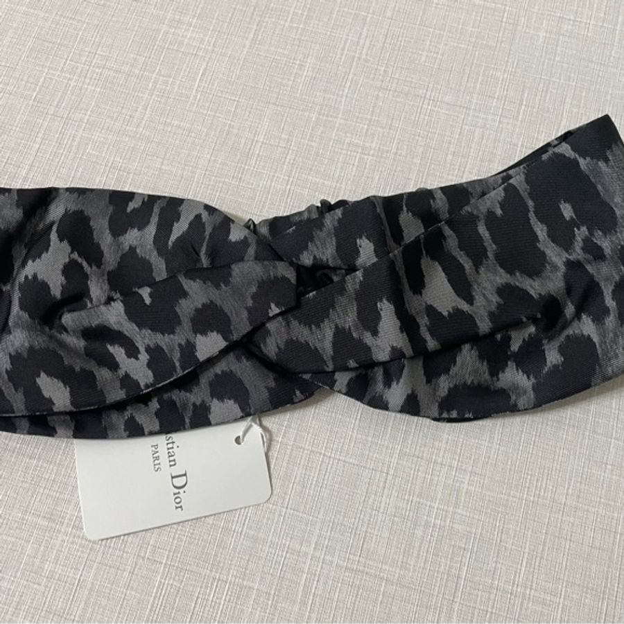 DIOR 灰黑豹紋 髮帶 頭飾 復古髮帶 Silk-8