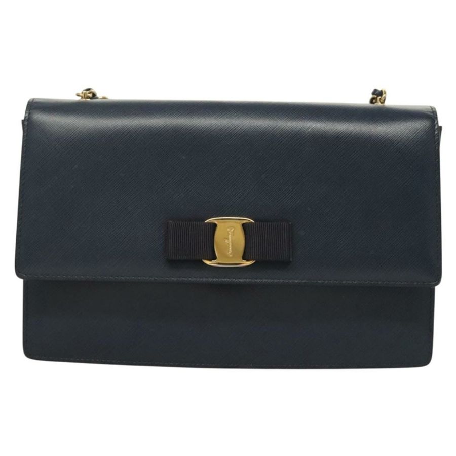 【日本直送】Salvatore Ferragamo Vala 鏈條單肩包 皮革 海軍藍 金色 正品 130907-12