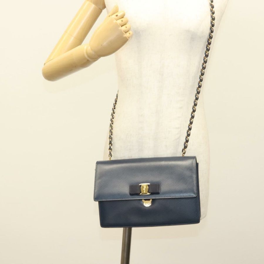 【日本直送】Salvatore Ferragamo Vala 鏈條單肩包 皮革 海軍藍 金色 正品 130907-22