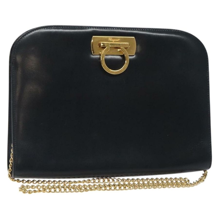 【日本直送】Salvatore Ferragamo Gancini 鏈條肩背包,黑色皮革,金色,正品,貨號 131607-0