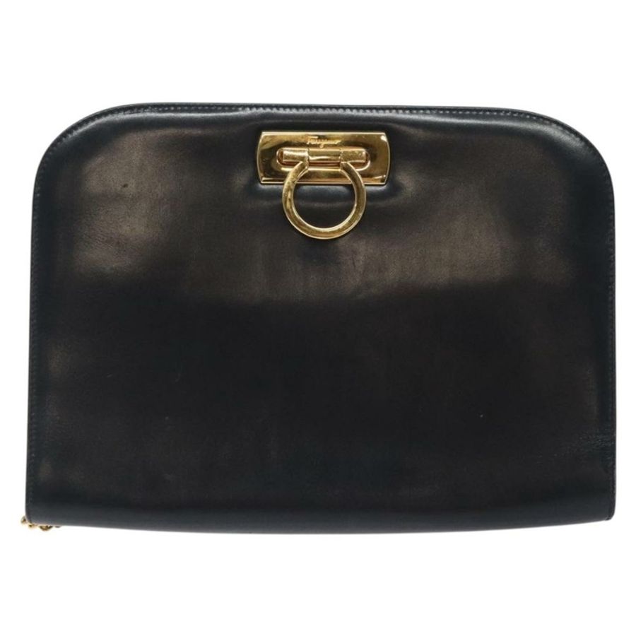 【日本直送】Salvatore Ferragamo Gancini 鏈條肩背包,黑色皮革,金色,正品,貨號 131607-12