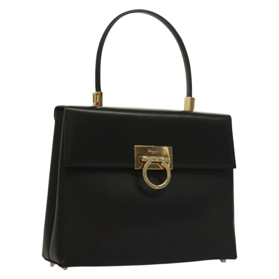【日本直送】Salvatore Ferragamo Gancini 手提包 皮革 黑色 金色 正品 132079-0