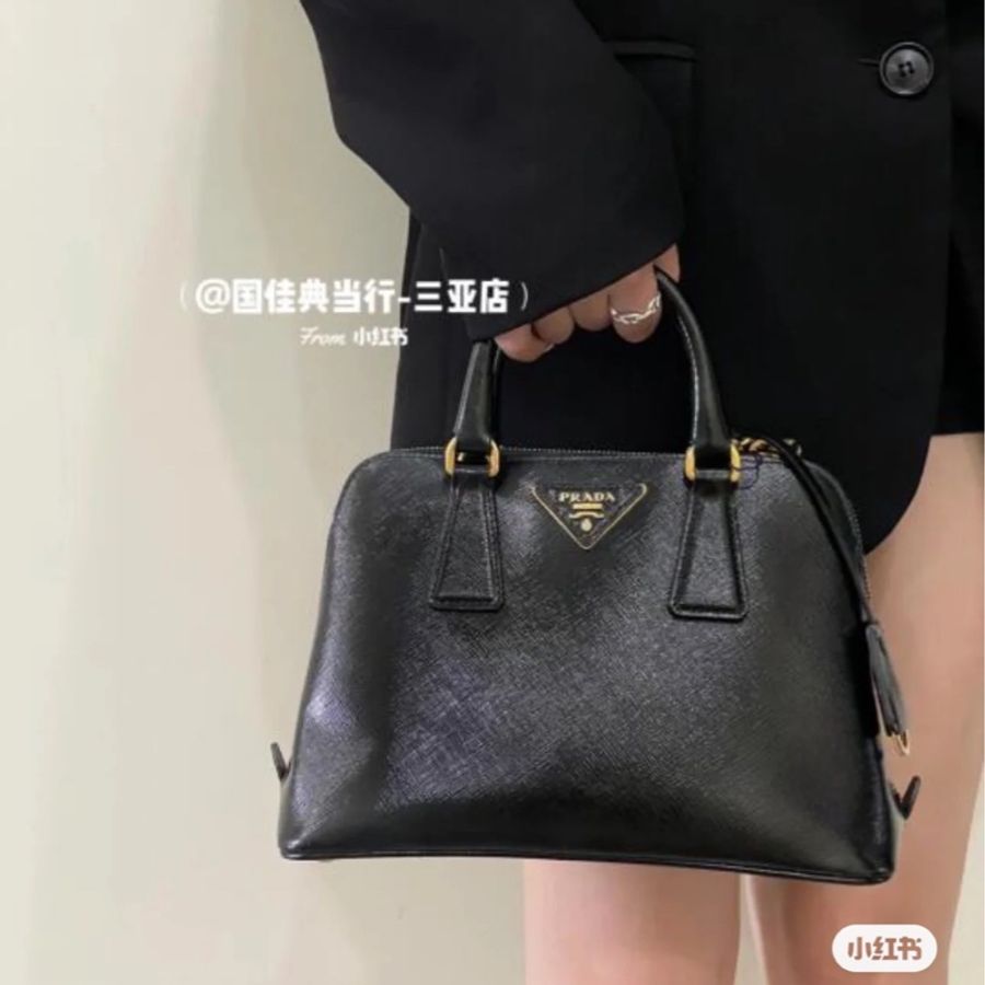 最稀有🤩🤩Prada黑色全皮金三角標中號貝殼包手提單肩斜挎包📐-2