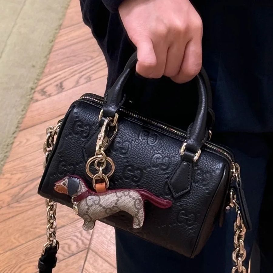 全網最低價🤩Gucci黑色全皮logo壓紋迷你波士頓包手提斜挎單肩包-1
