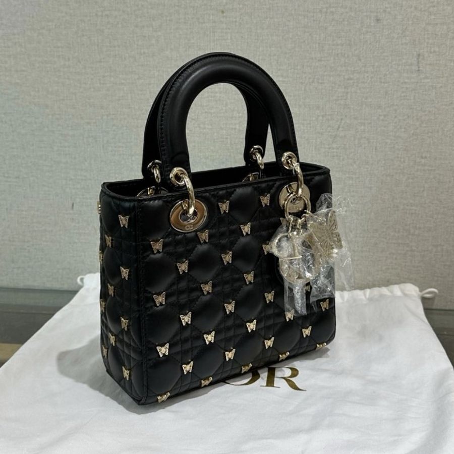DIOR 黑金蝴蝶卯釘四格手提斜背黛妃包20*17*8 99新配件塵袋-1