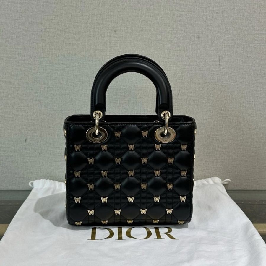 DIOR 黑金蝴蝶卯釘四格手提斜背黛妃包20*17*8 99新配件塵袋-5