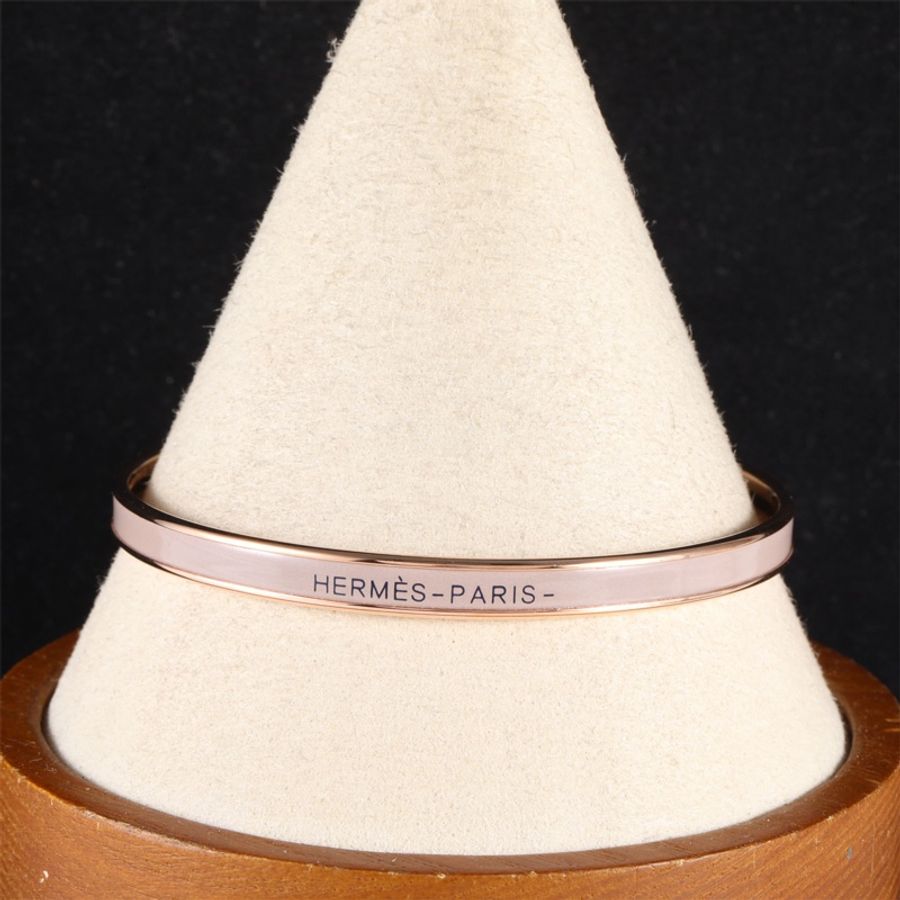 HERMES(愛馬仕) Uni 系列 超窄 字母印花 琺瑯手鐲 奶油色 62號 合金 玫瑰金 M 玫瑰金-0