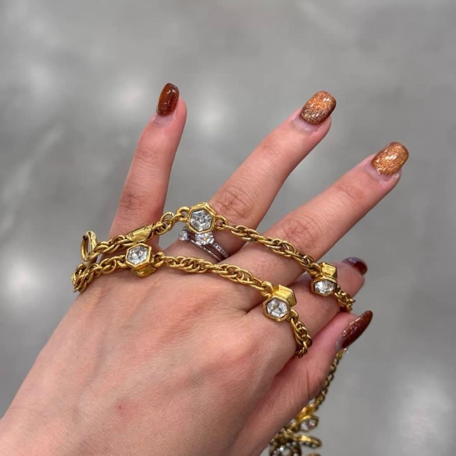 Chanel 中古金色鑲鑽項鍊 雙C 大logo-7