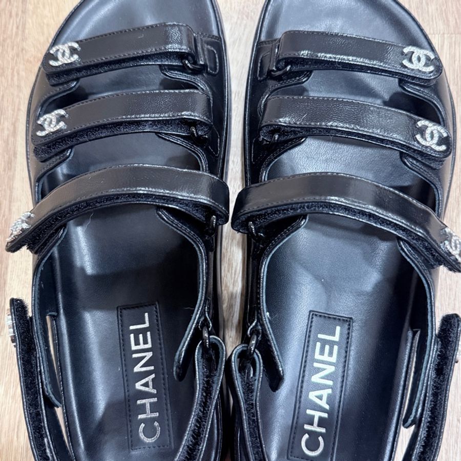 Chanel 魔鬼粘白鑽涼鞋38號=24.5cm-6