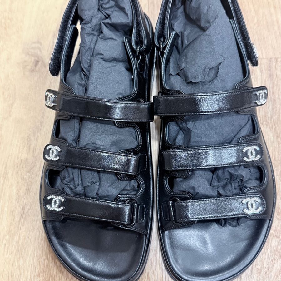 Chanel 魔鬼粘白鑽涼鞋38號=24.5cm-7