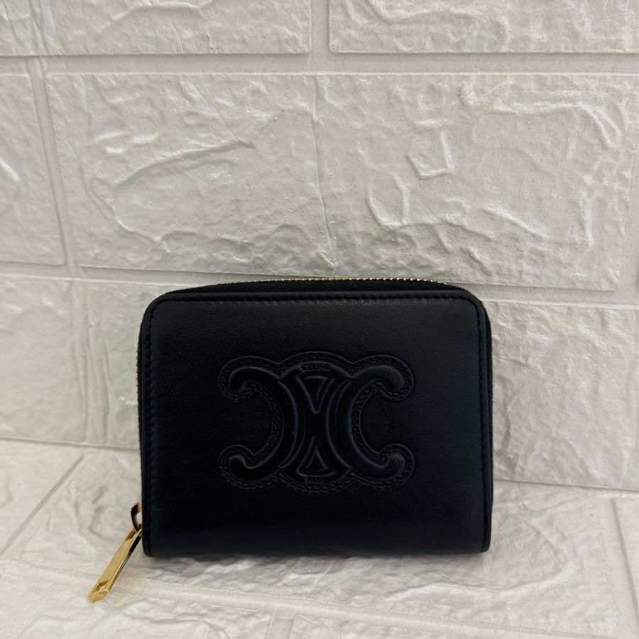 Celine 黑皮革凱旋門ㄇ拉零錢包👛-0