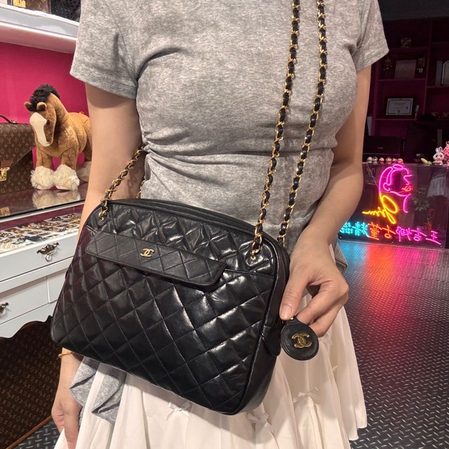 Chanel 雙鏈黑金斜背包/王吉娜古董精品包-1