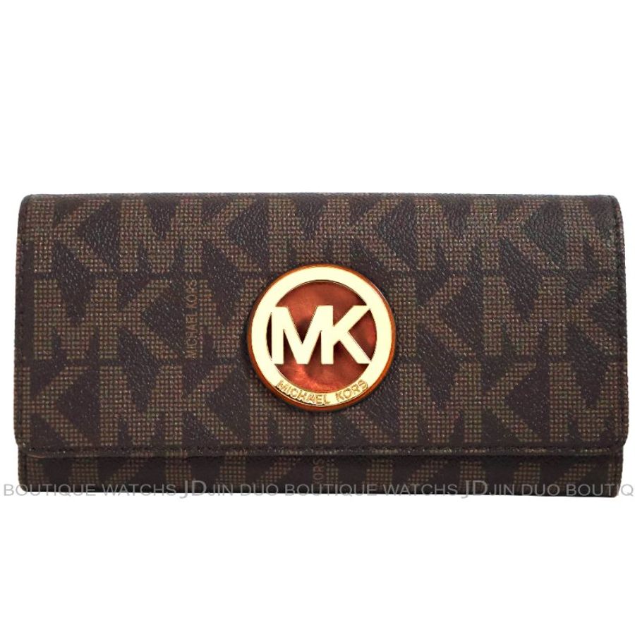 金鐸精品~2466 MICHAEL KORS MK 深咖啡色字紋PVC金屬LOGO掀蓋長夾 全新品-0