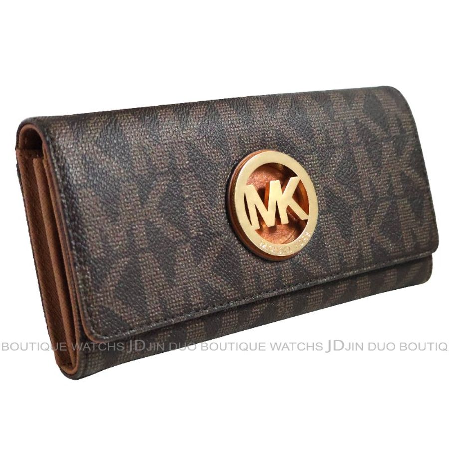 金鐸精品~2466 MICHAEL KORS MK 深咖啡色字紋PVC金屬LOGO掀蓋長夾 全新品-2