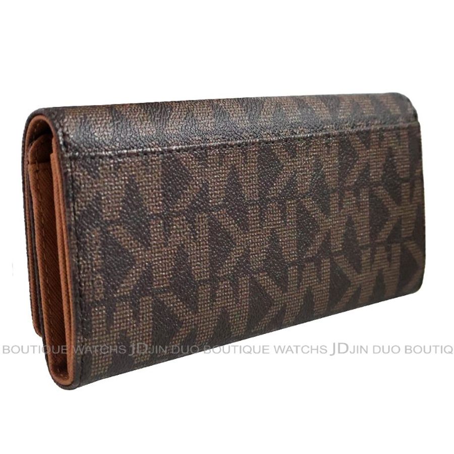 金鐸精品~2466 MICHAEL KORS MK 深咖啡色字紋PVC金屬LOGO掀蓋長夾 全新品-3