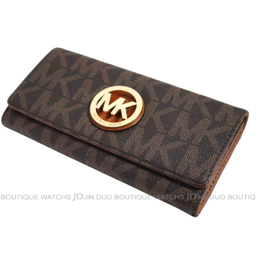 金鐸精品~2466 MICHAEL KORS MK 深咖啡色字紋PVC金屬LOGO掀蓋長夾 全新品-4