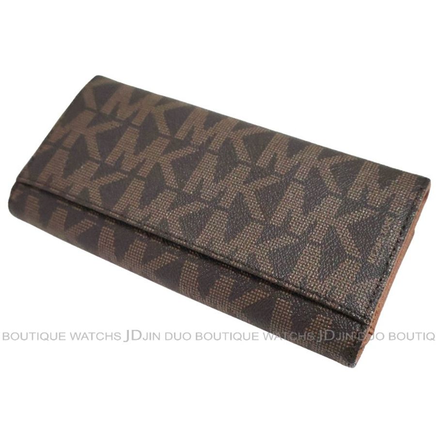 金鐸精品~2466 MICHAEL KORS MK 深咖啡色字紋PVC金屬LOGO掀蓋長夾 全新品-5
