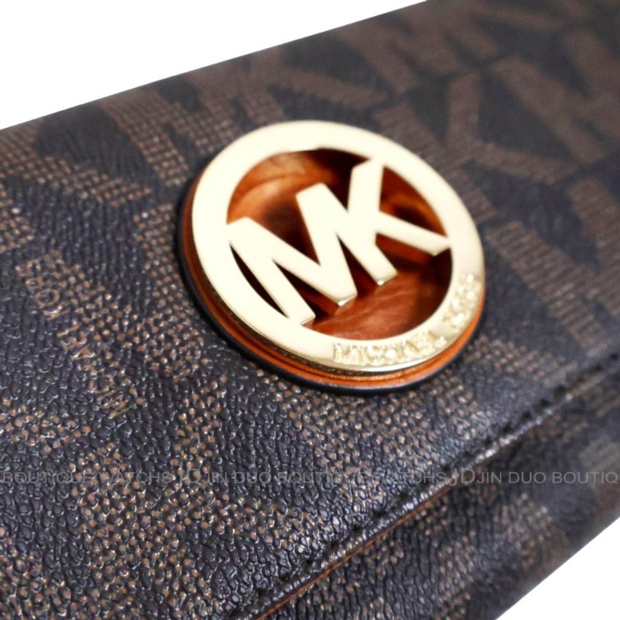 金鐸精品~2466 MICHAEL KORS MK 深咖啡色字紋PVC金屬LOGO掀蓋長夾 全新品-7