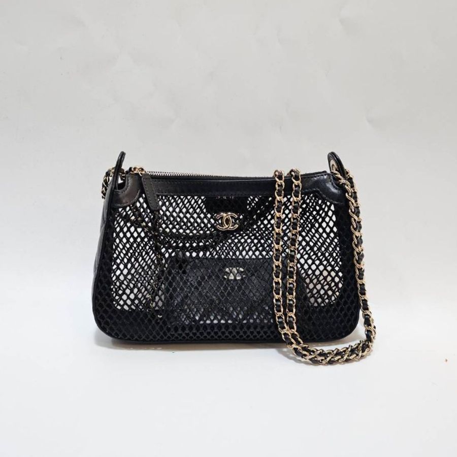 Chanel 黑網紗黑羊皮CluthWithChain淡金肩斜背鏈包AP4572-0