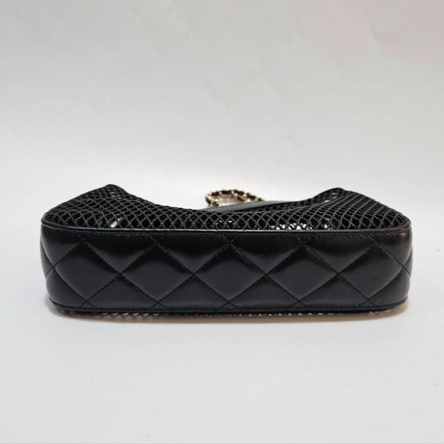 Chanel 黑網紗黑羊皮CluthWithChain淡金肩斜背鏈包AP4572-3