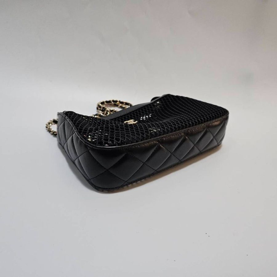Chanel 黑網紗黑羊皮CluthWithChain淡金肩斜背鏈包AP4572-4