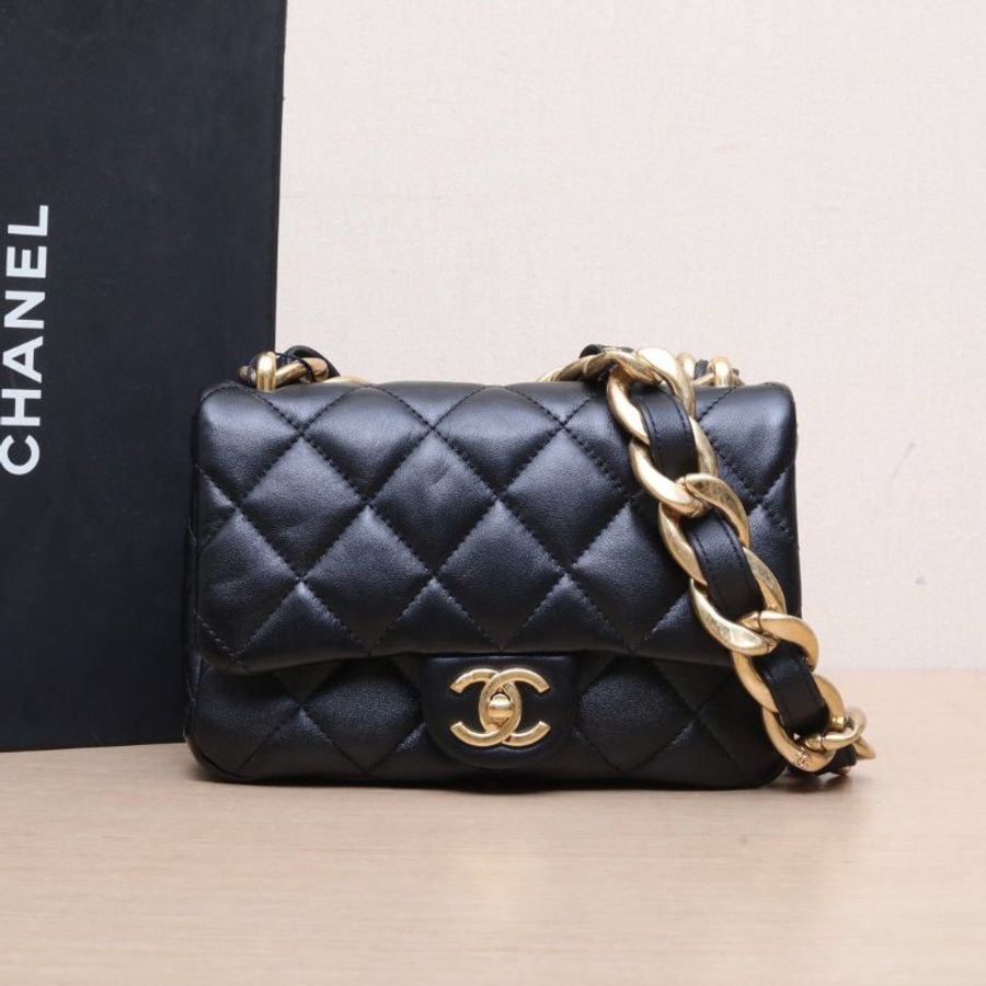 CHANEL(香奈兒) 22P 粗鏈條單肩包 小號 20cm 黑色 晶片開 金扣-1