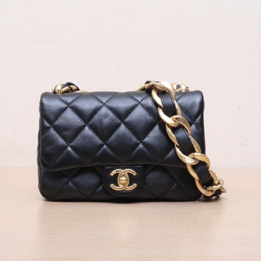 CHANEL(香奈兒) 22P 粗鏈條單肩包 小號 20cm 黑色 晶片開 金扣-2