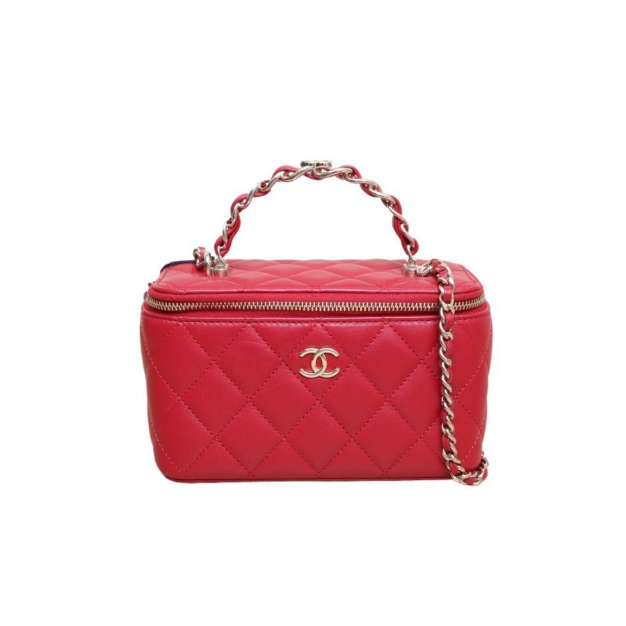 CHANEL(香奈兒) 23K Logo手提長盒子化妝包 帶鏡子 16.5cm 金屬皮穿鏈手柄 紅色 鐳射標 淺金扣 皮手柄-0