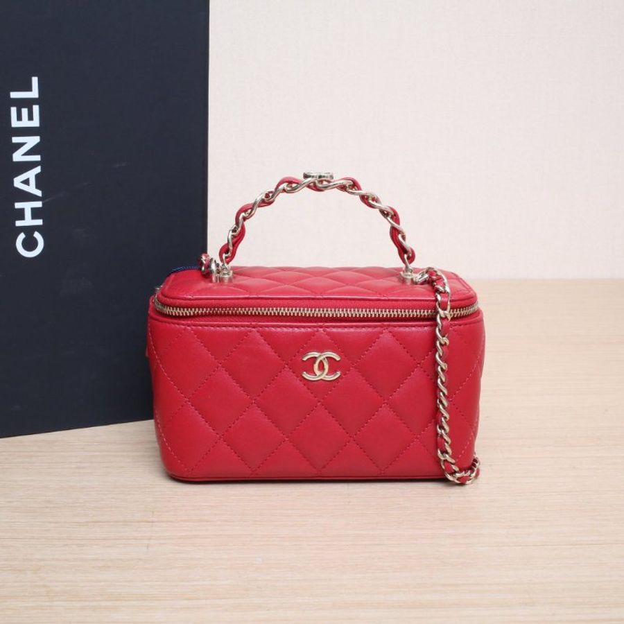 CHANEL(香奈兒) 23K Logo手提長盒子化妝包 帶鏡子 16.5cm 金屬皮穿鏈手柄 紅色 鐳射標 淺金扣 皮手柄-1
