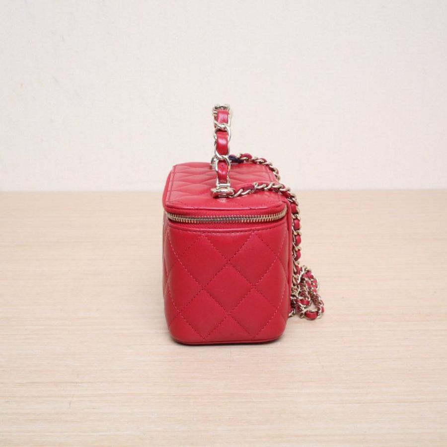 CHANEL(香奈兒) 23K Logo手提長盒子化妝包 帶鏡子 16.5cm 金屬皮穿鏈手柄 紅色 鐳射標 淺金扣 皮手柄-4