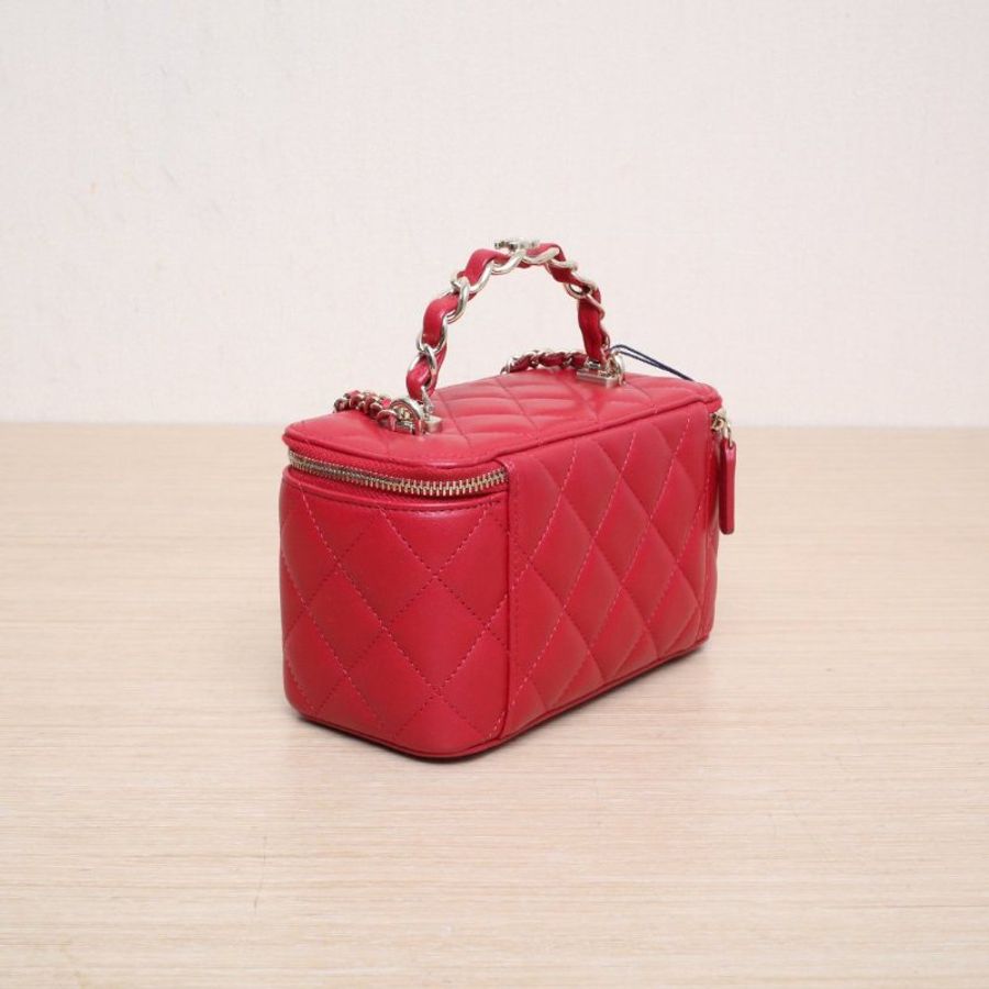 CHANEL(香奈兒) 23K Logo手提長盒子化妝包 帶鏡子 16.5cm 金屬皮穿鏈手柄 紅色 鐳射標 淺金扣 皮手柄-5