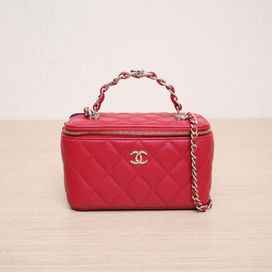 CHANEL(香奈兒) 23K Logo手提長盒子化妝包 帶鏡子 16.5cm 金屬皮穿鏈手柄 紅色 鐳射標 淺金扣 皮手柄-9