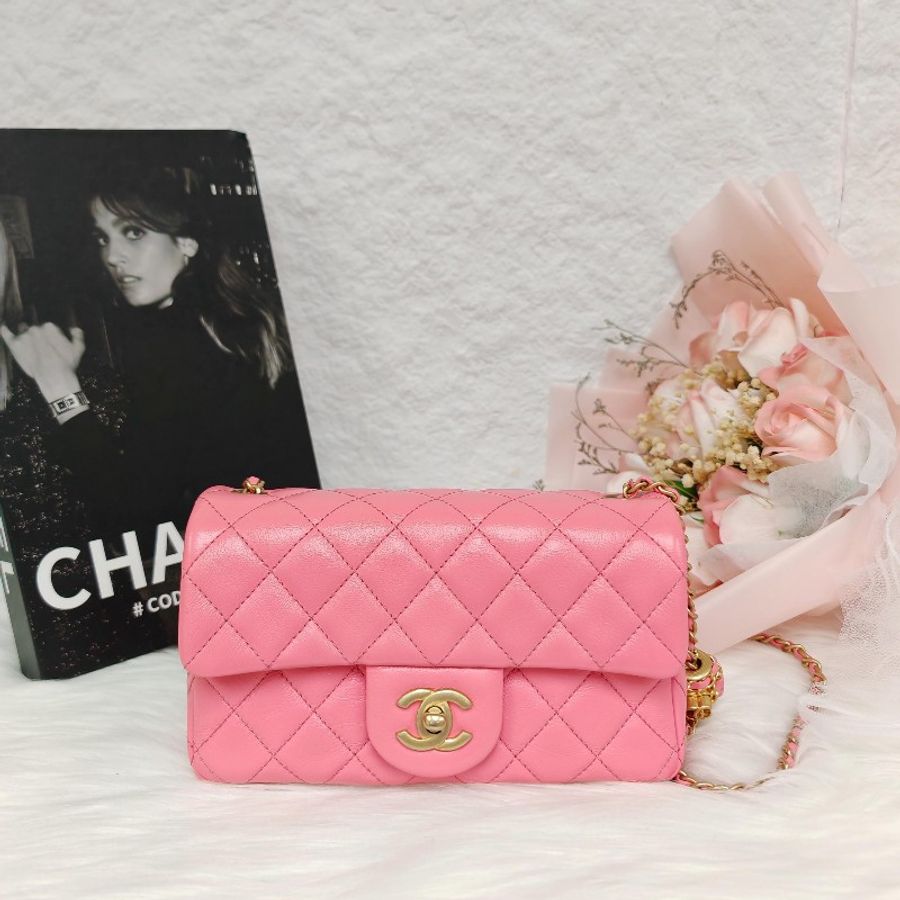Chanel 香奈兒 大mini 粉色金扣 小羊皮 芯片款-0