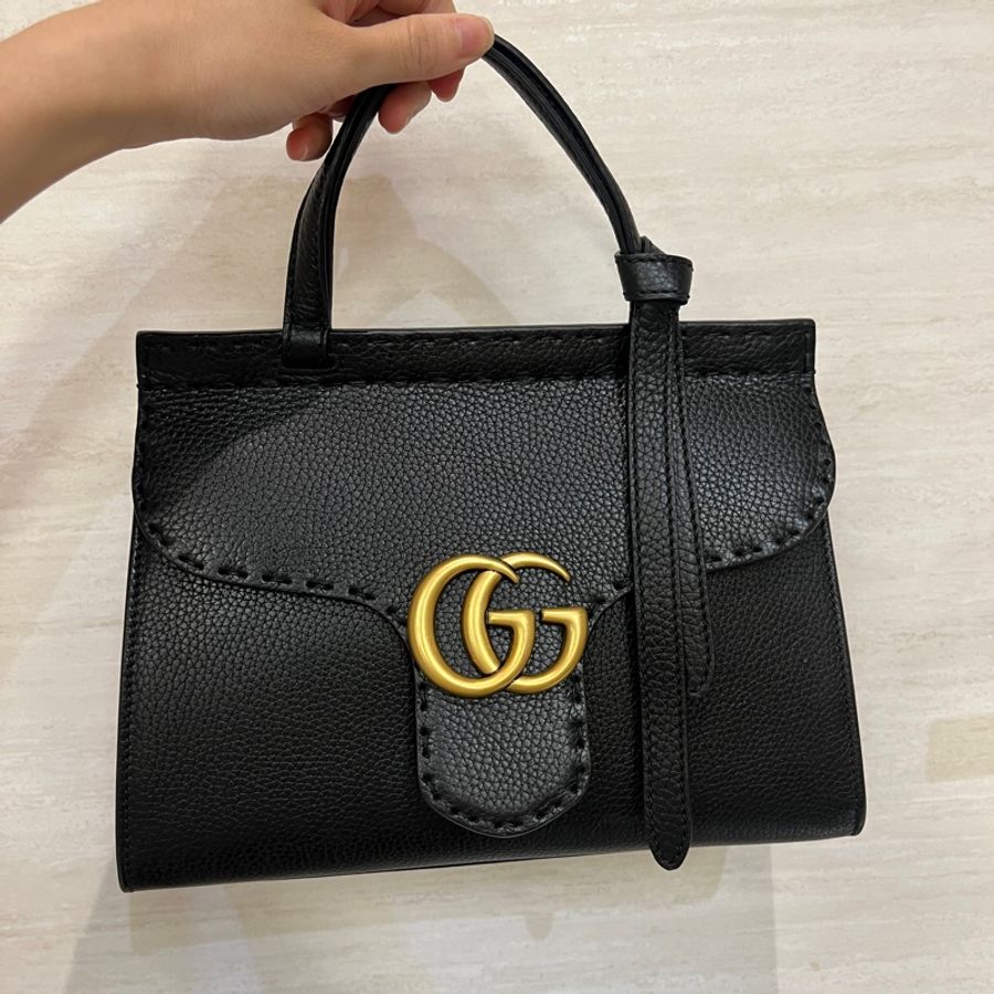 Gucci 黑牛皮霧金釦手提斜背包-0