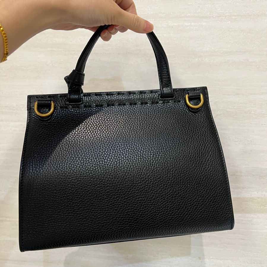 Gucci 黑牛皮霧金釦手提斜背包-4