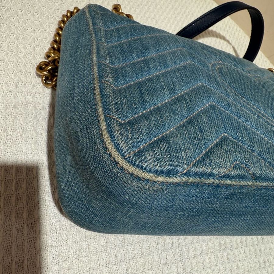 Gucci古馳 馬蒙marmont26 牛仔中號珍珠 鏈條包-7