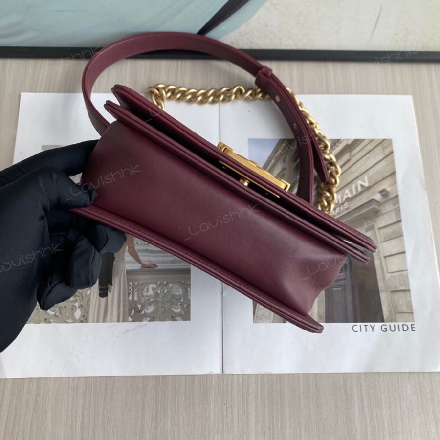 CHANEL 酒紅色金扣 Leboy小號-5