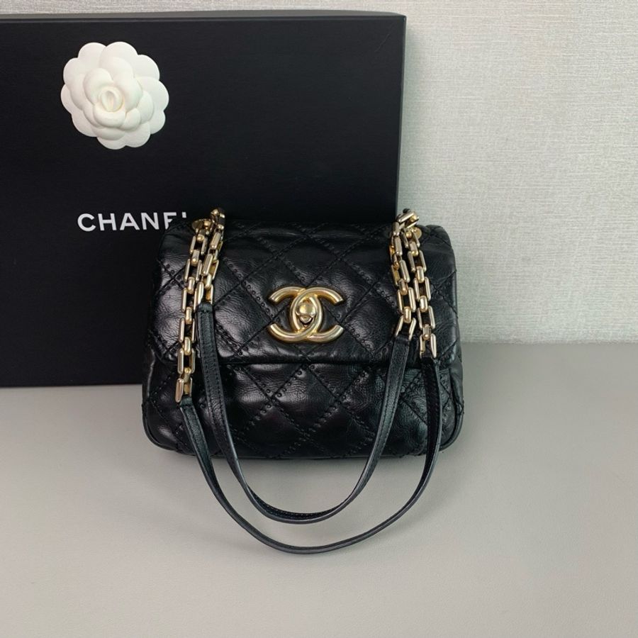 98新🆕Chanel黑金牛皮外縫線雲朵方胖子斜挎單肩包☁️-3