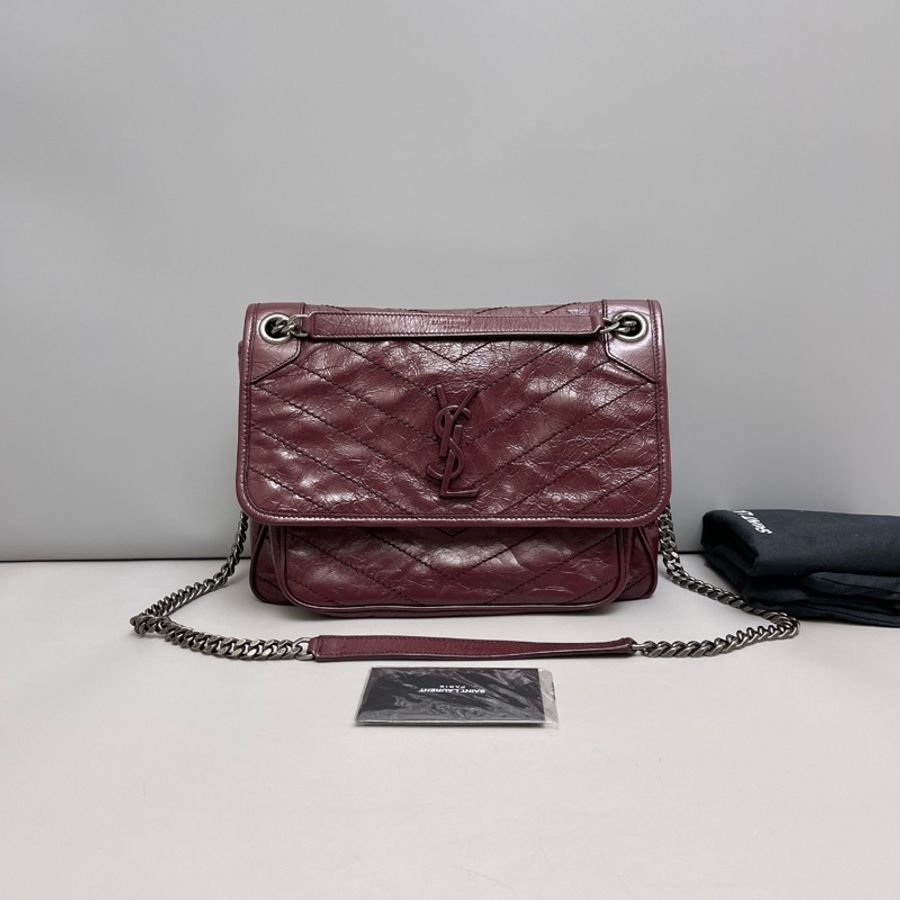 Saint Laurent YSL Niki中號 酒紅色全皮郵差包-0