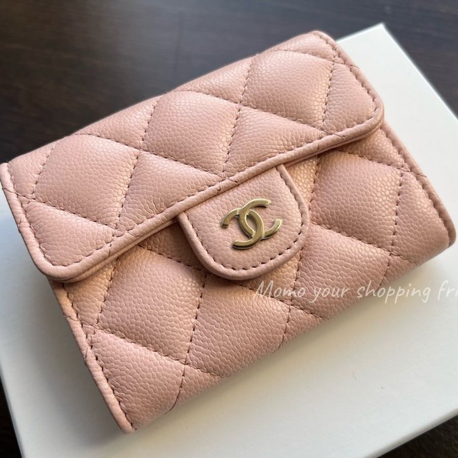 CHANEL 香奈兒 雙層 零錢包卡包|櫻花粉 金釦|康朋白盒-0