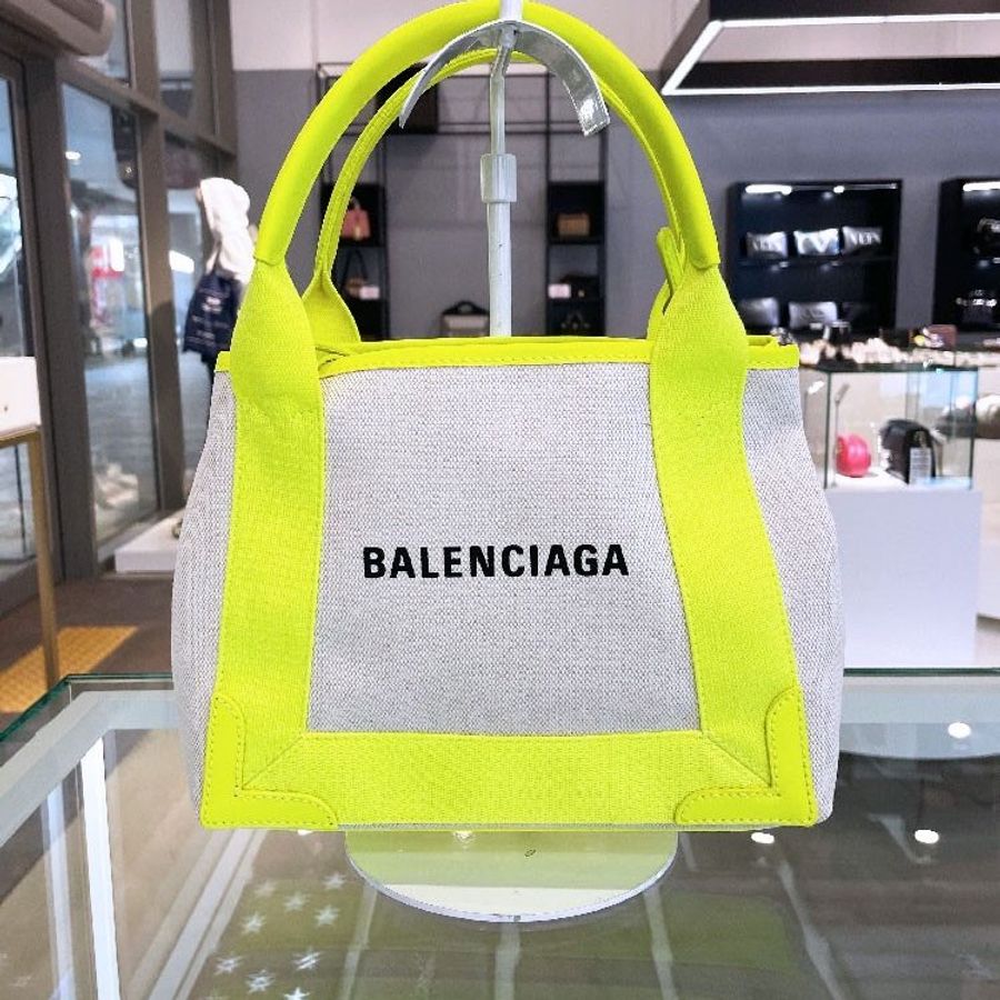 🎁夏季折扣倒數🎁Balenciaga 390346 Navy XS Cabas 帆布牛皮托特包 米白/霓光黃 附可斜背長肩帶-8